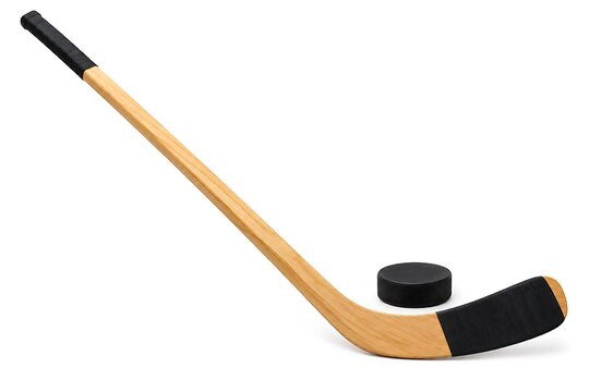 Wooden ice hockey stick with black puck, professional sports equipment on white background, classic hockey gear for winter competition