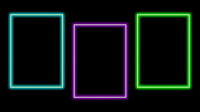 Bright neon rectangle frames featuring vibrant cyan purple and green glowing lights arranged in a simple geometric composition presented as isolated design elements on transparent background