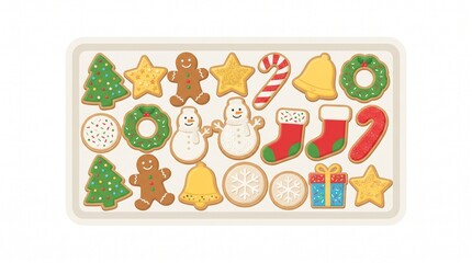 Fototapeta premium Assortment of festive Christmas cookies arranged on a tray including gingerbread men snowmen candy canes and trees