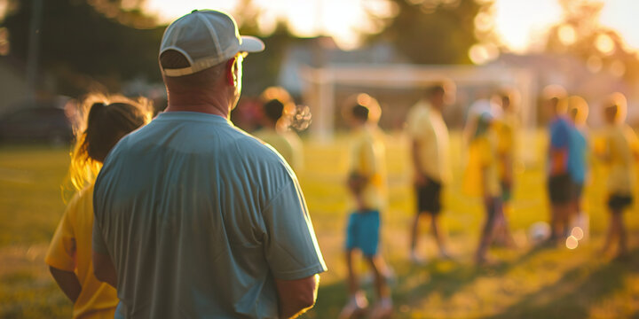A dedicated youth soccer coach watches his young team practice drills on a sunny green field during late afternoon golden hour light with kids in colorful uniforms running and playing in the backgroun