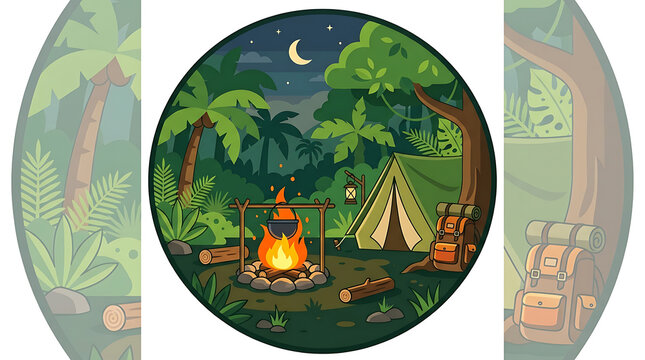 Camping tent and campfire in a tropical forest at night
