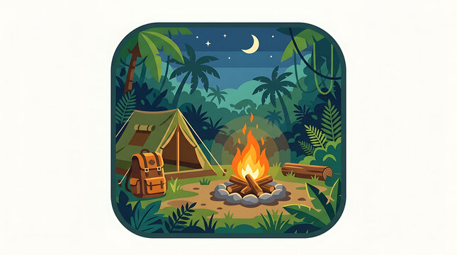 Camping tent and campfire in a tropical jungle at night