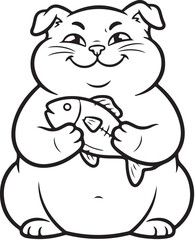 Fototapeta premium Line art cat holding fish coloring page design, black and white cartoon feline illustration, outline art for children