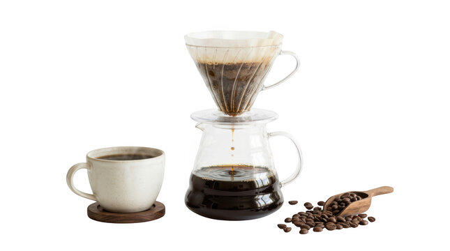 Pourover coffee maker set with a cup and beans isolated on transparent background
