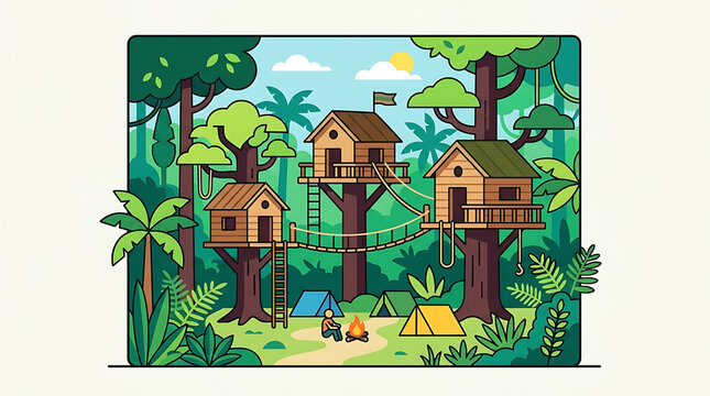 Illustrated treehouse camp with tents and campfire in a lush jungle forest