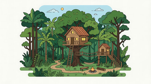 Illustrated treehouse fort connected by a bridge in a lush tropical jungle