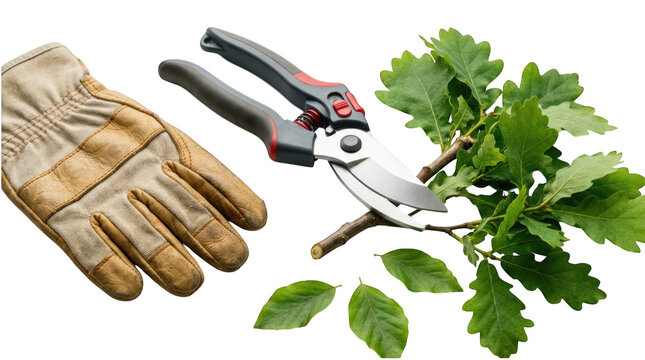 Gardening tools with pruning shears and leaves isolated on transparent background
