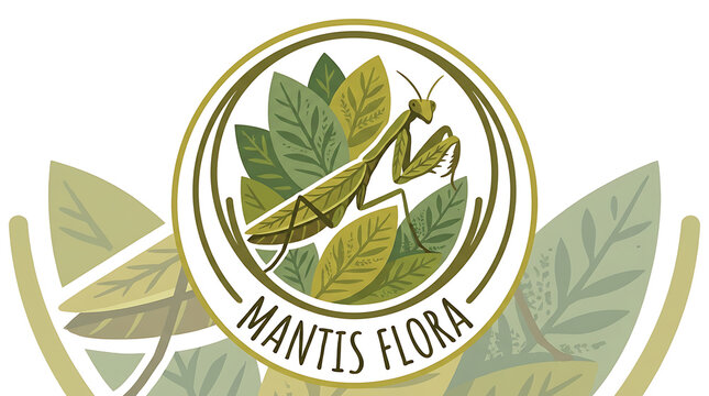 Stylized circular logo featuring a praying mantis perched among lush leaves with the text Mantis Flora