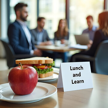 A fresh red apple and a sandwich on a table at a professional lunch and learn corporate office meeting