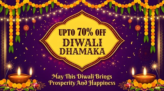 Diwali dhamaka festival sale banner with marigold flowers and diyas