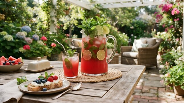 Refreshing Summer Watermelon Drink with Mint and Lime on Patio Table
