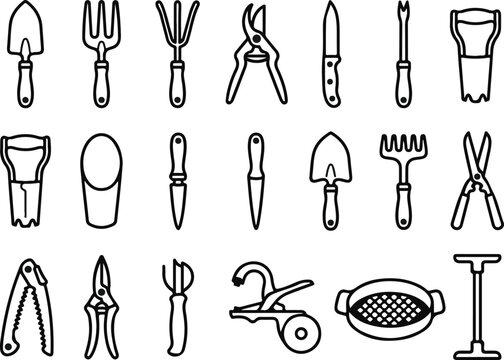 Gardening tools collection black line art illustration on a white background