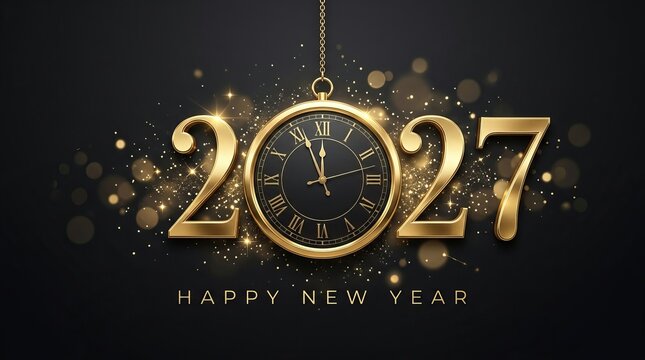2027 Happy New Year gold typography with luxury clock on black background