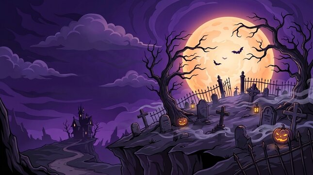 A spooky halloween night scene a full moon illuminates a haunted cemetery with silhouetted trees and bats flying around