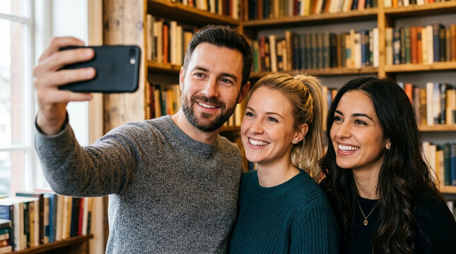 Diverse Group of Young Friends Taking a Selfie in a Library or Bookstore