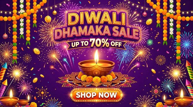 Diwali dhamaka sale banner with fireworks and diya lamp