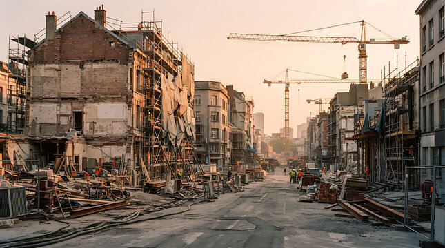Urban Street Reconstruction and Building Demolition with Tower Cranes at Sunset