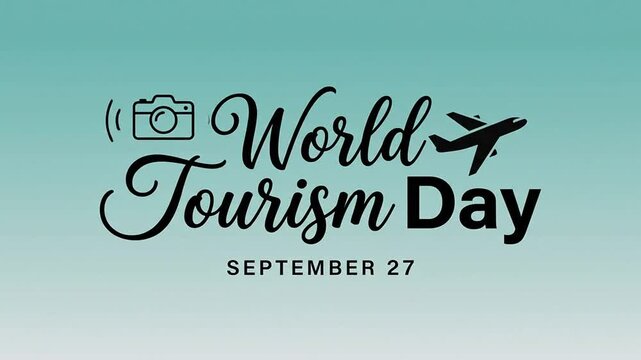 World Tourism Day celebration graphic with animated airplane icon