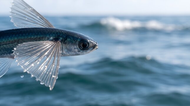 A close up view of a flying fish gliding over the ocean waves.