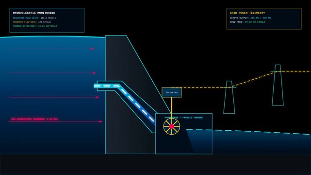 Digital Schematic Interface Displaying Hydroelectric Power Plant Dam Operations and Energy Flow
