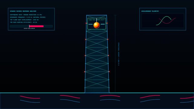 Digital Seismic Response Analysis Animation Showing Tuned Mass Damper System on Skyscraper Structure