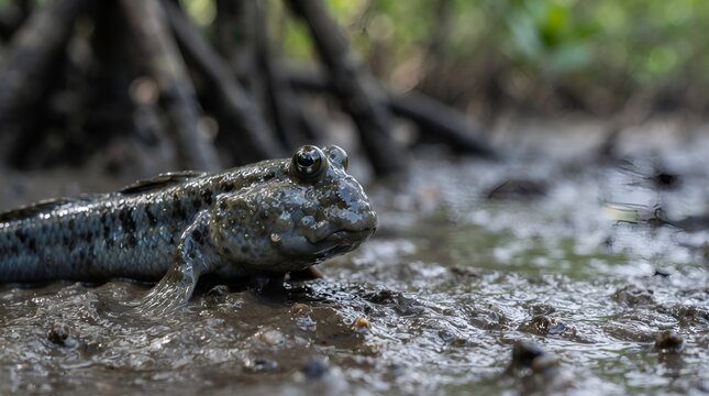 A mudskipper fish resting on the muddy bank of a mangrove forest.