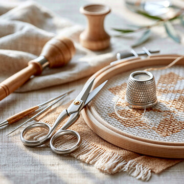 Cross Stitch Still Life with Vintage Scissors Thimble and Hoop