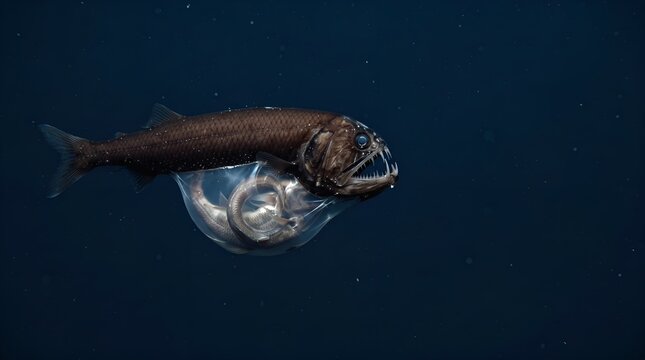 Deep Sea Bristlemouth Fish Swimming in Dark Ocean Water.