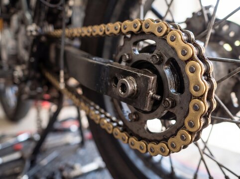 Classic Motorcycle Gold Drive Chain and Sprocket Mechanical Detail