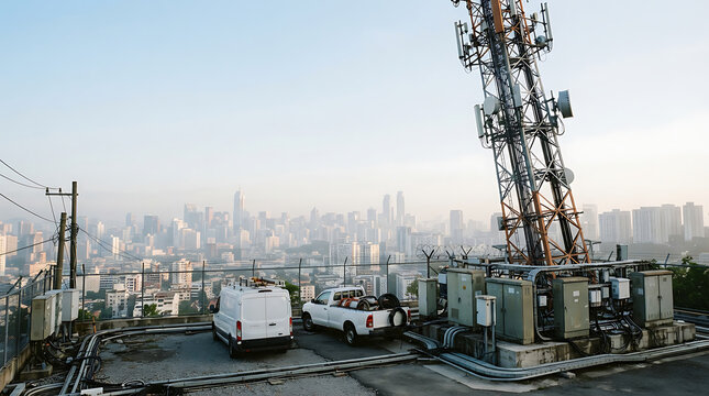 Telecommunication tower with antennas and network equipment on a high point, overlooking a vast urban cityscape, symbolizing modern digital connectivity and infrastructure