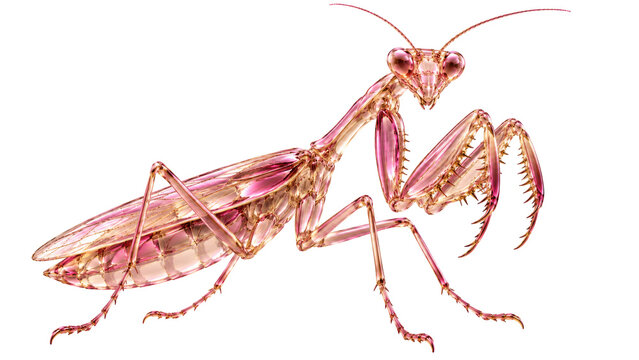 Transparent rose gold glass praying mantis with raptorial foreleg and segmented limb detail. 3D CGI isolated on white background, Frutiger Aero glass aesthetic.