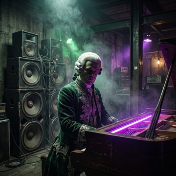 Super Realistic Cinematic Portrait of an 18th-Century Composer in a Smoky Memphis Phonk Underground Club