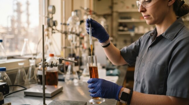 Maintenance technician sampling fuel in a refinery laboratory with glass cylinders and amber liquid on a bench.