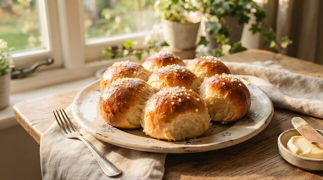Freshly baked sweet brioche buns served on a rustic plate by a sunny window.