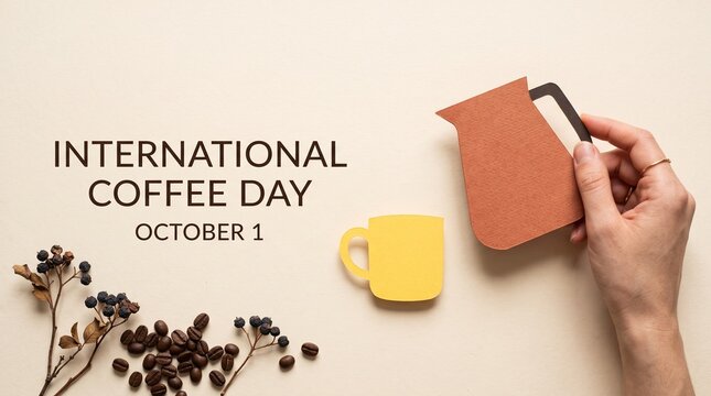 International Coffee Day October 1 celebration, paper craft coffee pot and yellow cup, roasted beans on beige background