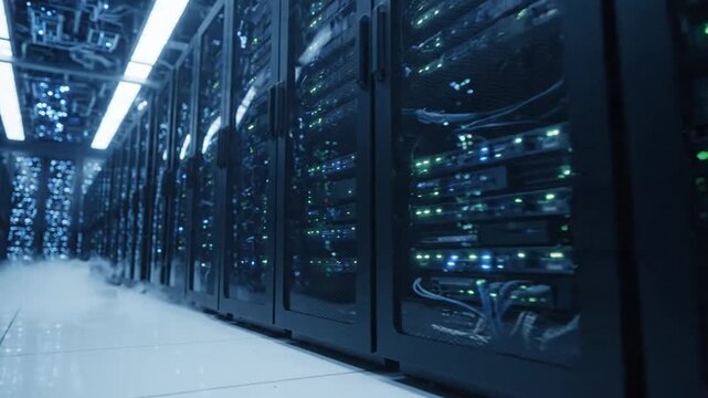Server rack rows in a modern datacenter with cooling fog on the floor