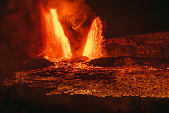 View of Kilauea Crater erupting with bright orange lava fountains and glowing molten rock flowing across the dark volcanic landscape at night in Hawaii County, Hawaii, United States.