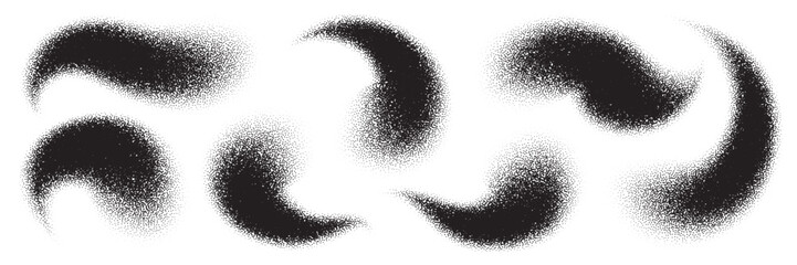 Obraz premium Grain dotted gradient blob for abstract noisy bg with black spray effect. Gray vector dust, wave and swirl of pattern texture and granular paint. Dissolved shadow of spray circle, grunge wavy vortex