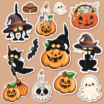 Cute Halloween Stickers - Set if 12 - with Black Cats, Jack-o'-Lantern Pumpkins, skull, spider and Ghosts - Vector Elements EPS
