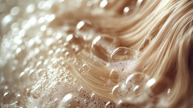 Wet blonde hair strands with rich shampoo foam bubbles in macro detail showing beauty treatment haircare cleanliness hygiene washing routine salon cosmetics fresh texture concept background closeup