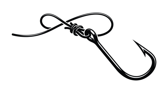 Sharp metal fish hook tied with a secure nylon fishing knot in clean black graphic style