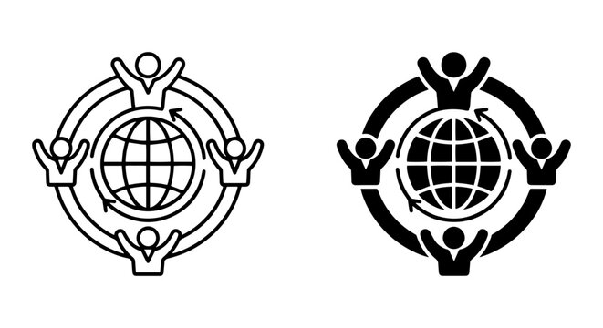 Global Community Icon Set, Diverse People Around Earth, Connection and Unity Vector Graphics