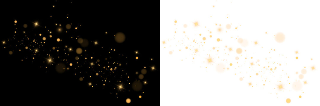 Golden sparkling particles and glowing bokeh lights flowing across black background. Festive glitter overlay with luminous stars.