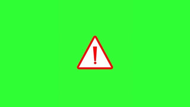 Animated red and white warning triangle with an exclamation mark, centered on a bright green screen background. This attention alert motion graphic is ideal for warning messages, safety notices, emerg