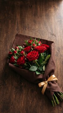Beautiful bouquet of red roses wrapped in brown paper with a gold ribbon on wooden surface