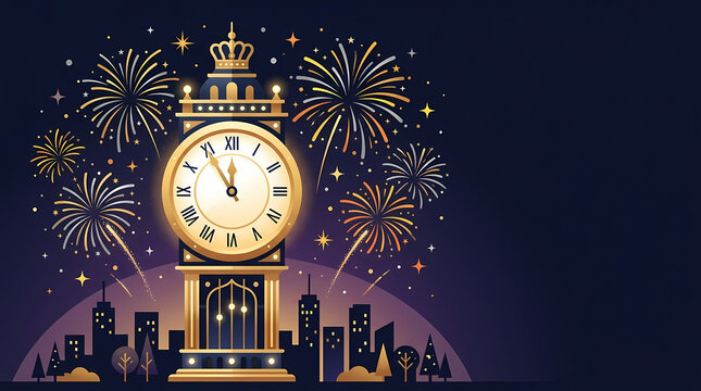 Golden vintage clock tower approaching midnight with colorful fireworks exploding over city skyline. New Year 2027 banner.