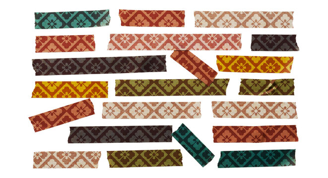 Various colorful washi tape strips with japanese floral patterns, isolated on transparent background