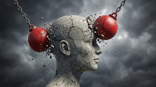 Concrete human head hit by wrecking balls with two red wrecking