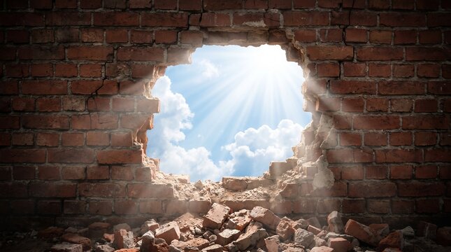 Hole in brick wall with sun shining with wall rubble ground