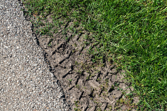 Green lawn and asphalt divided by bare soil with visible vehicle tire tracks. Urban landscape, transportation, property maintenance, landscaping